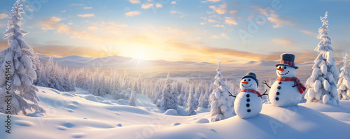 Two snowmen wearing hats and scarves and smiling in a winter landscape with a mountain range with snow-covered trees.