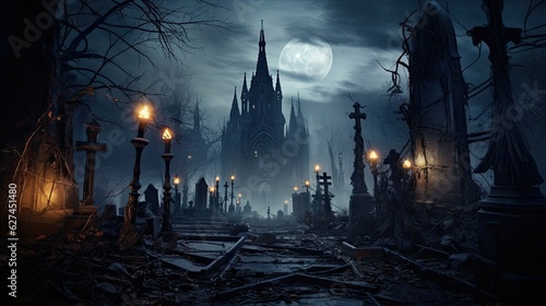 Gloomy gothic castles against the backdrop of the moon at night