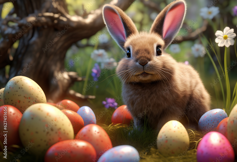 photo happy bunny with many easter eggs on grass festive background for decorative design photo happy bunny with many easter eggs on grass festive background for decorative design
