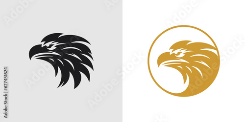 Eagle head profile black monochrome and golden circle logo for t shirt print set vector flat