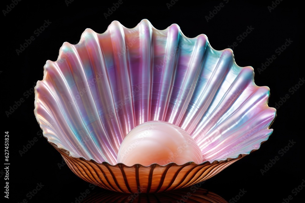 Colorful seashells in a glass bowl on a black background, a captivating open sea pearl shell, AI Generated Colorful seashells in a glass bowl on a black background, a captivating open sea pearl shell, AI Generated