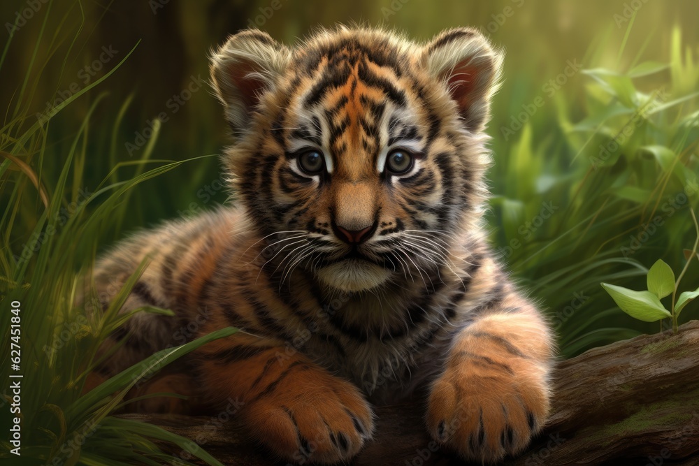 Cute little tiger cub lying on a log in the grass. A cute tiger cub sitting on the grass, detailed body, AI Generated