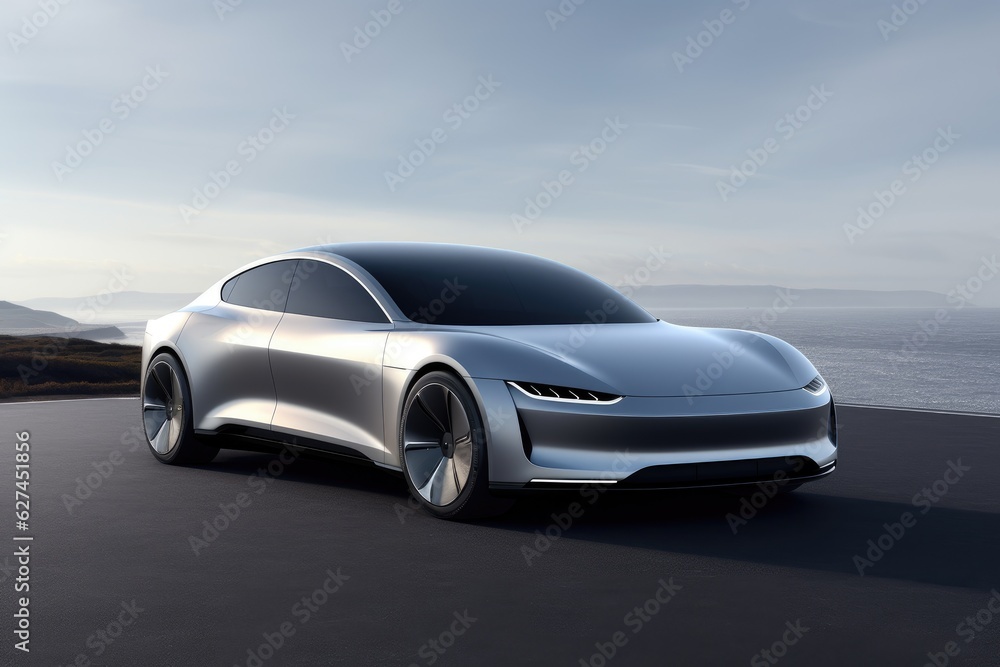 3D rendering of a brand-less generic concept car in the desert, a cutting edge electric car embodying the future, AI Generated
