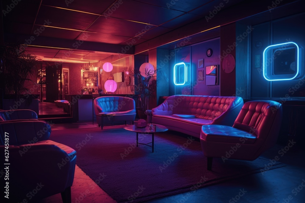 Interior of a modern night club with bright neon lights. Nightlife concept, A decorated night club with stylish couches and colorful cocktail tables, AI Generated