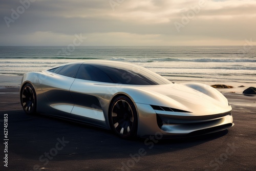 sport car on the beach at sunset with clouds in the sky, a cutting edge electric car embodying the future, AI Generated