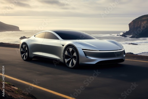 3D rendering of a brand-less generic concept car in the beach, a cutting edge electric car embodying the future, AI Generated