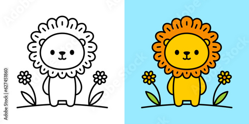 Baby lion at summer landscape line monochrome and color set logo for coloring book vector flat