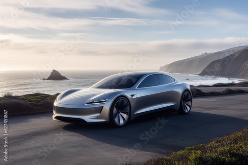 3D rendering of a brand-less generic concept car in the desert, a cutting edge electric car embodying the future, AI Generated © Ifti Digital