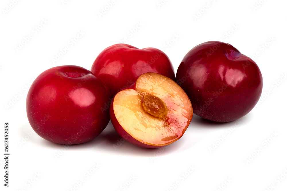 Red plums, isolated on white background. Red plums, isolated on white background.
