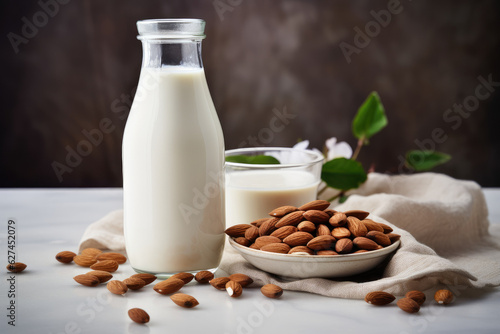 Almond and almond milk in a bottle. Generative ai