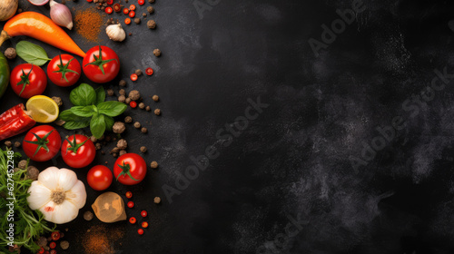Black plain background with text and vegetables, fruits and spices in a corner. Generative ai