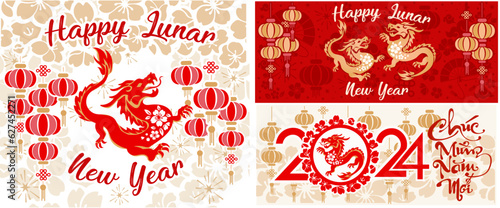 set of elements for social networks. Happy chinese new year 2024 year of the Chinese zodiac of the dragon with paper cut on colorful background.