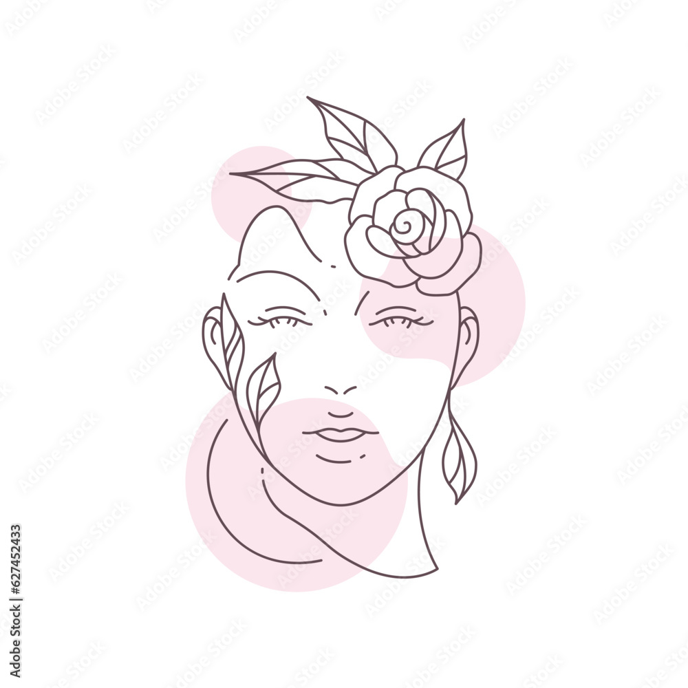 Fototapeta premium Abstract flower woman portrait with pastel color spots line art style logo beauty vector