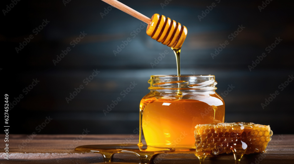 Honey and honeycomb flowing from jar. Generative ai Honey and honeycomb flowing from jar. Generative ai