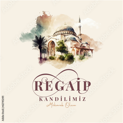 Regaib Kandiliniz mubarek olsun. Translation: Regaib Kandil is one of the five Islamic holy nights. Islamic background. Mosque illustrations. photo