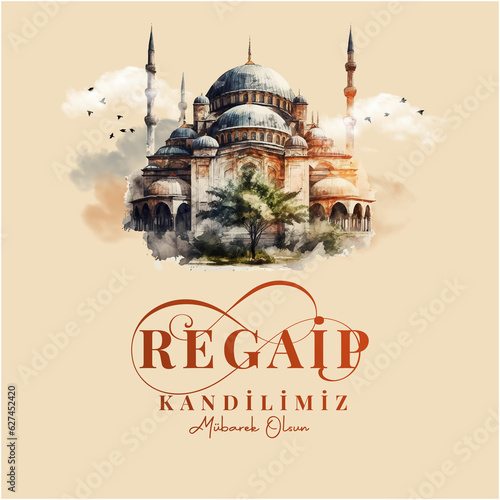 Regaib Kandiliniz mubarek olsun. Translation: Regaib Kandil is one of the five Islamic holy nights. Islamic background. Mosque illustrations.