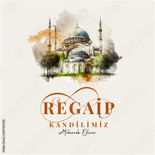 Regaib Kandiliniz mubarek olsun. Translation: Regaib Kandil is one of the five Islamic holy nights. Islamic background. Mosque illustrations.