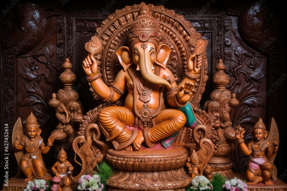 Ganesha, the Hindu god with dancing mice., generative IA