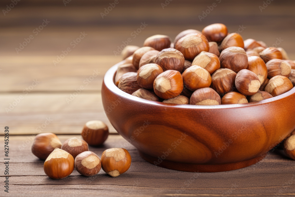 Nuts in wooden bowl. Generative ai Nuts in wooden bowl. Generative ai