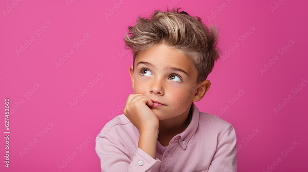 Thoughtful child on pink background looking away. Thoughtful child on pink background looking away.