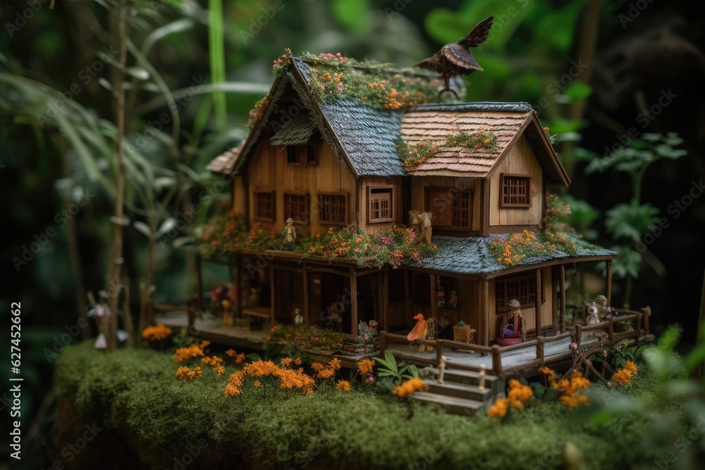 Cozy house in lush forest., generative IA
