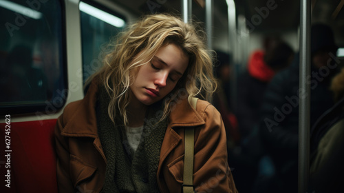 Depressed young woman rides public transportation from work.