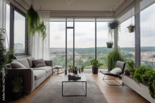 Modern  stylish apartment with urban panoramic views. Minimalist furnishings  abstract art and sunny balcony.  generative IA