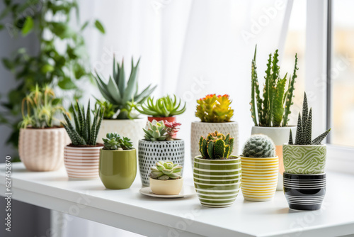 Pots and flowers in different patterns in the house. Generative ai © LFK