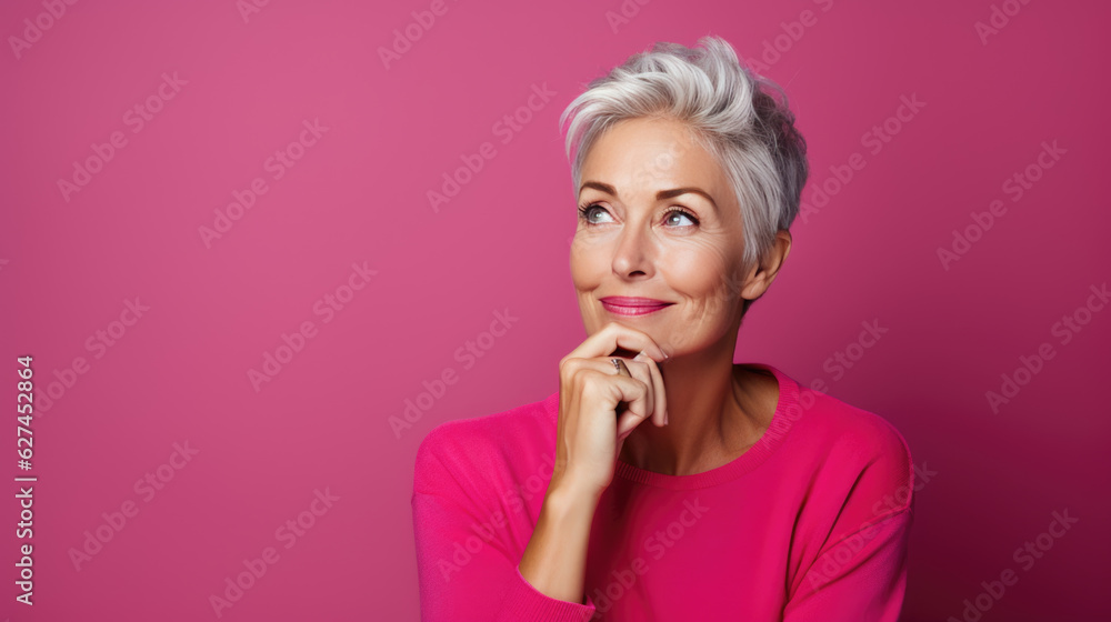 Senior thoughtful woman on pink background looking away. Senior thoughtful woman on pink background looking away.