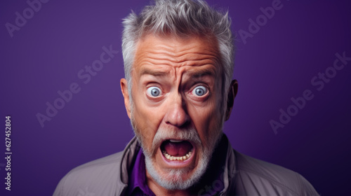 Middle aged man stares in amazement at the camera with his eyes bulging and his mouth open on purple background.. © MP Studio