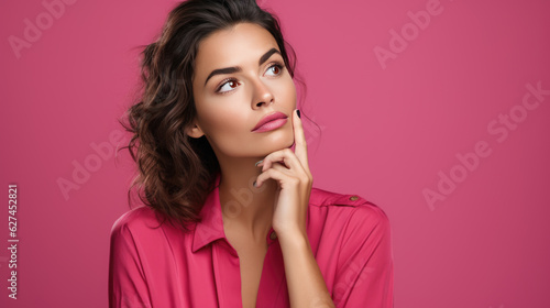 Young thoughtful woman on pink background looking away.