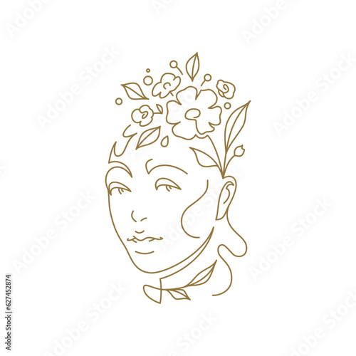 Floral woman head botanical blossom hairstyle continuous line art logo vector illustration