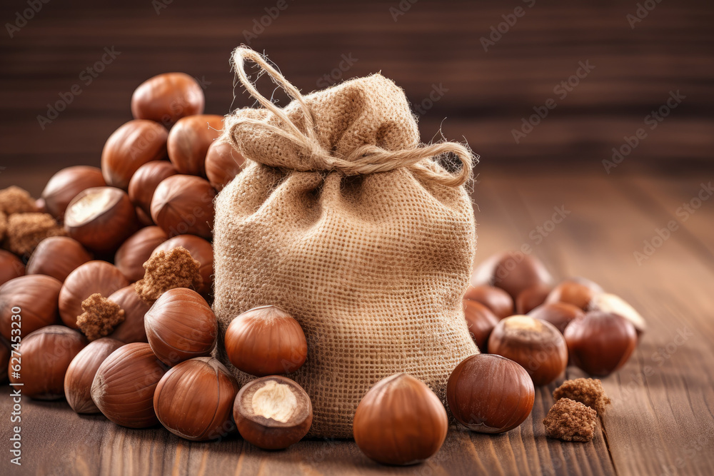 A wicker pouch with a mouth and nuts around it. Generative ai A wicker pouch with a mouth and nuts around it. Generative ai