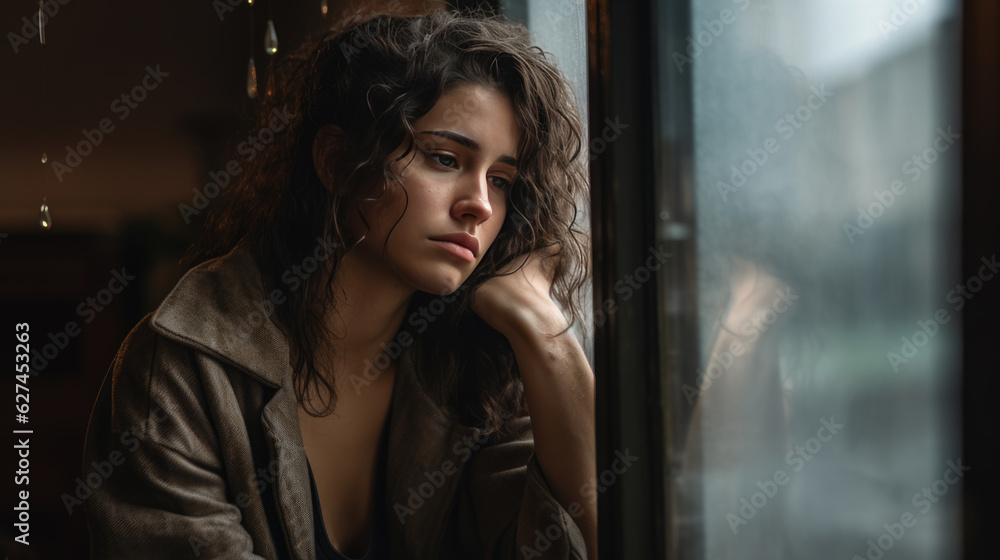 Depressed young woman near window at home, closeup Depressed young woman near window at home, closeup