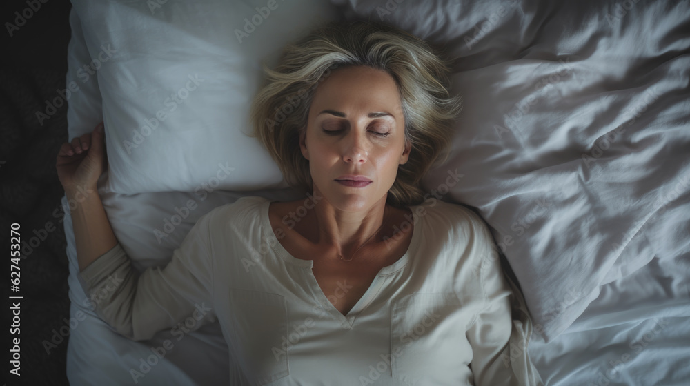 Depressed middle aged woman lying in bed can't sleep late at morning with insomnia. Depressed middle aged woman lying in bed can't sleep late at morning with insomnia.