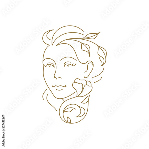 Woman with flower hair elegant aesthetic minimal logo continuous line art style vector illustration