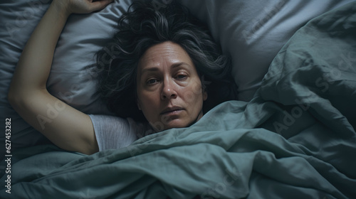 Depressed middle aged woman lying in bed can't sleep late at morning with insomnia.