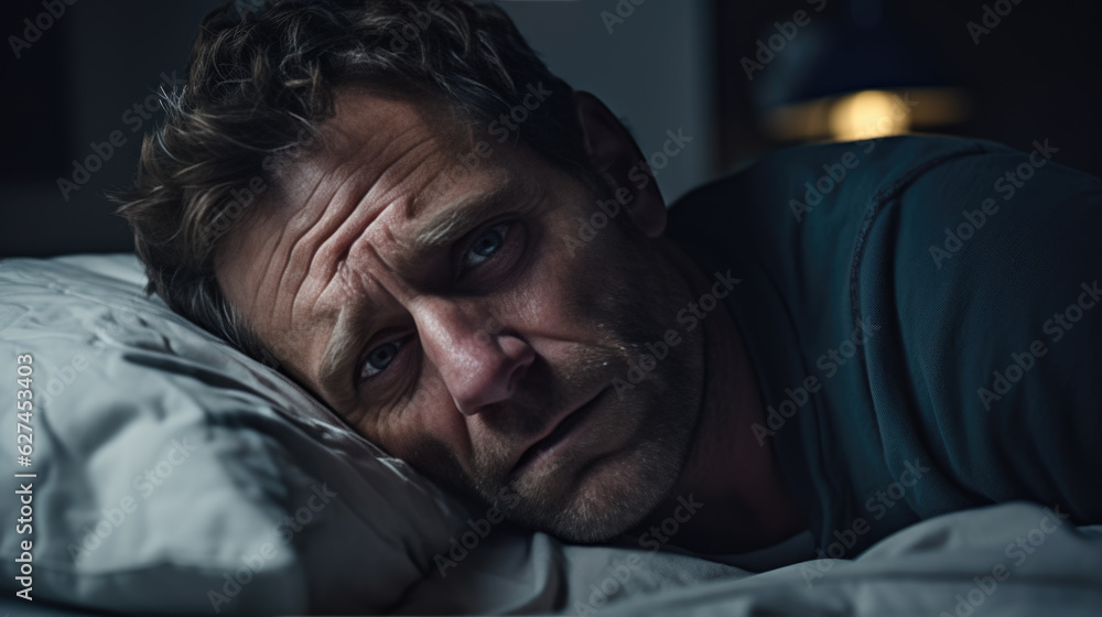 Depressed man lying in bed can't sleep late at morning with insomnia. Depressed man lying in bed can't sleep late at morning with insomnia.