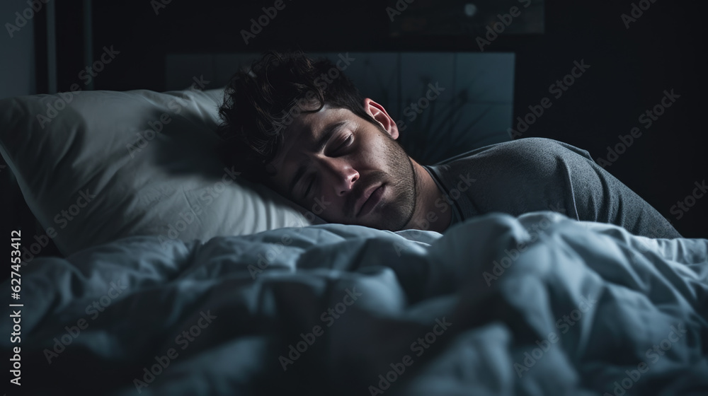 Depressed man lying in bed can't sleep late at morning with insomnia. Depressed man lying in bed can't sleep late at morning with insomnia.