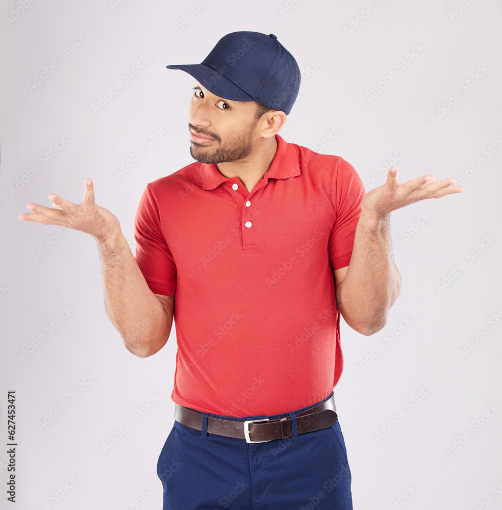 Shrug, confused and unsure man in studio with open hands for a question, why or doubt. Portrait of young asian person on a white background with fashion clothes, emoji or review on choice or decision Shrug, confused and unsure man in studio with open hands for a question, why or doubt. Portrait of young asian person on a white background with fashion clothes, emoji or review on choice or decision