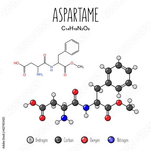 Aspartame skeletal and flat representation. Skeletal formula and 2d structure illustration. Web style illustration. Vector editable