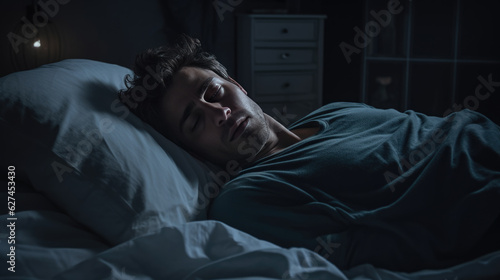 Depressed man lying in bed can't sleep late at morning with insomnia.