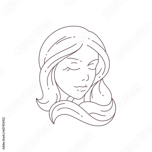 Gentle young female with long beauty hair portrait monochrome line art logo for coiffure vector
