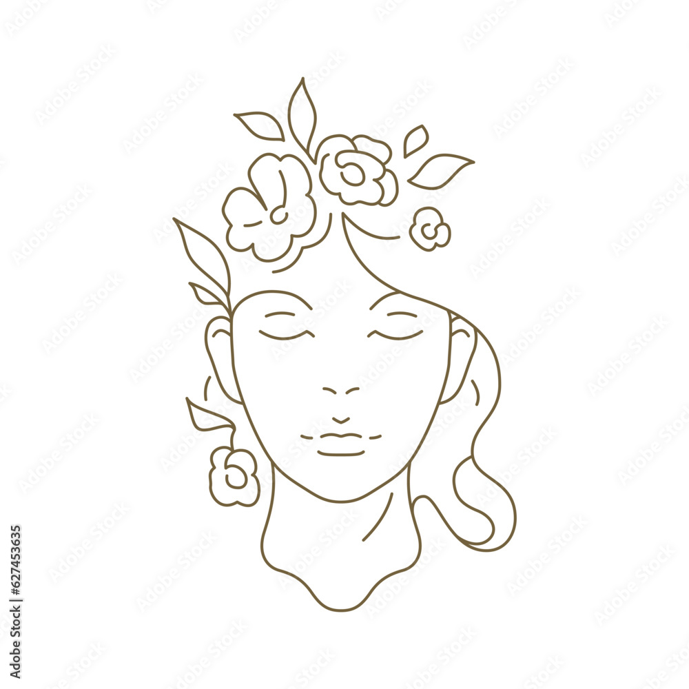 Elegant floral woman face with blossom hairstyle continuous line art logo for cosmetology vector Elegant floral woman face with blossom hairstyle continuous line art logo for cosmetology vector