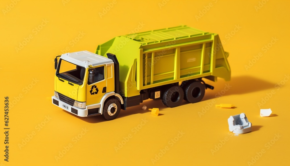 Still life of garbage truck and garbage container on yellow