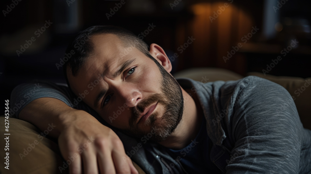 Depressed man lying in bed can't sleep late at morning with insomnia. Depressed man lying in bed can't sleep late at morning with insomnia.