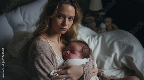 A young mother with postpartum depression holds her baby in her arms. photo