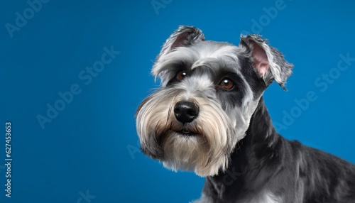 Portrait of Schnauzer puppy one year old on blue backdrop with copy space