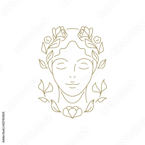 Gentle female head with flowers hair botanical blossom line art logo for coiffure vector