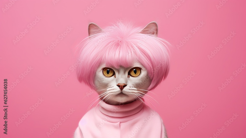 Illustration of a white cat wearing a pink wig against a vibrant pink background